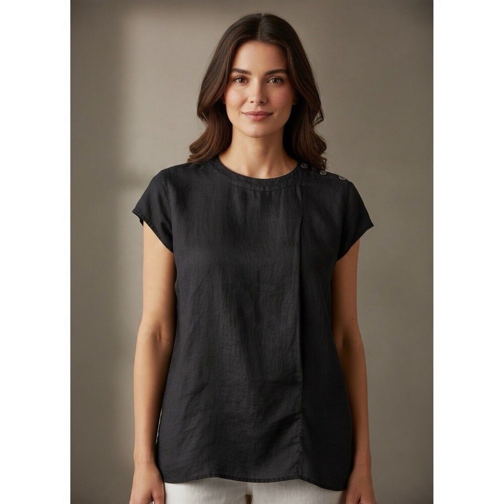 Vintage Giorgio Armani Linen Pocket Blouse Women's Shoulder Button Black Size 38